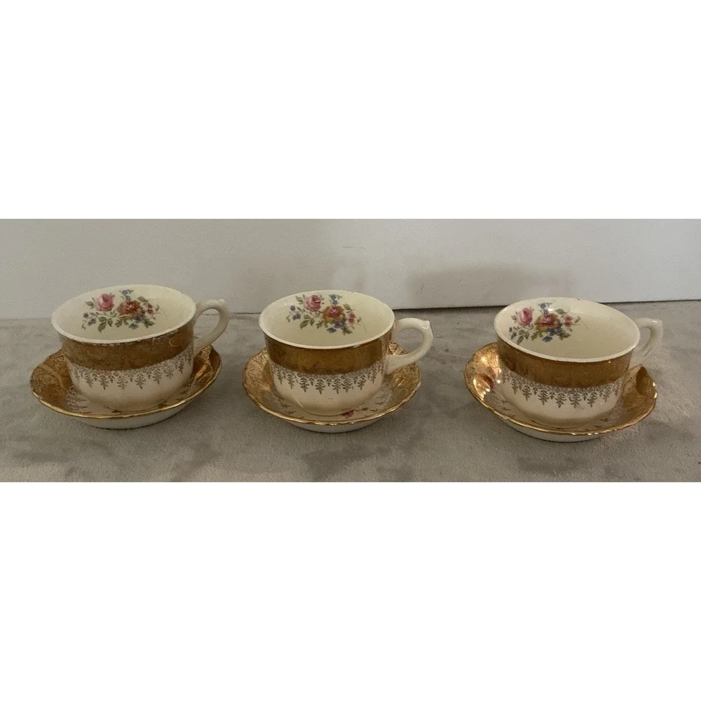 Vintage Vogue Gold Filigree Teacup White Floral 22k Gold Homer Laughlin Lot Of 3